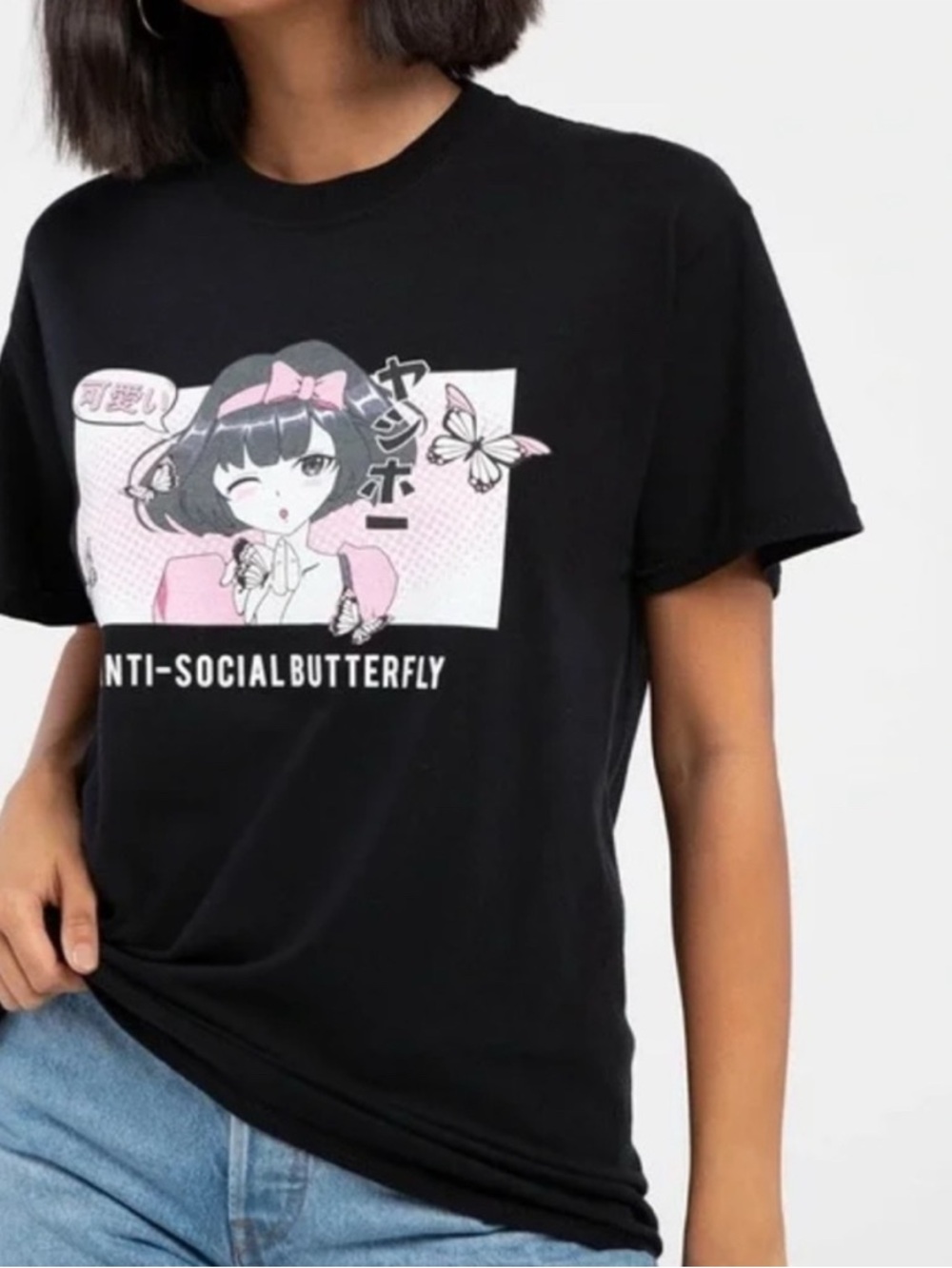 Anti-Social Butterfly Anime Graphic Tee - Black & Pink